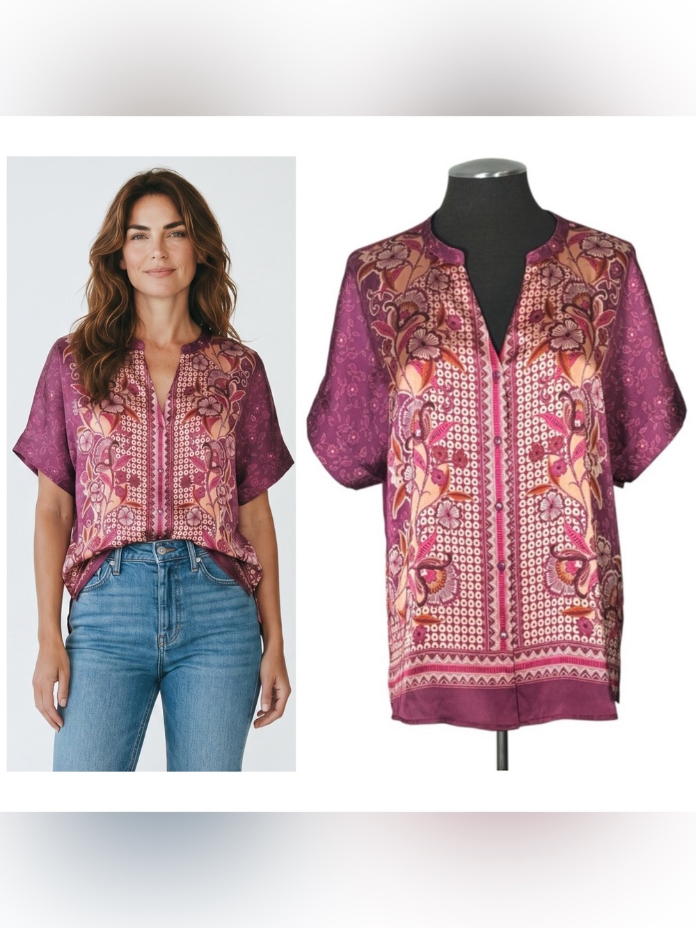 🆕 DR2 – Mixed Media Satin Jersey Split Neck Print Button Down Top – Large